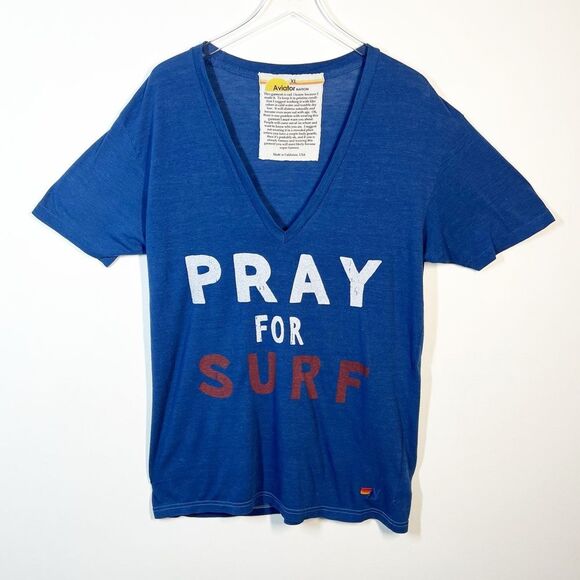 Aviator Nation Unisex Men and Women Size XL Blue Pray for Surf V-Neck T-Shirt - Picture 1 of 8
